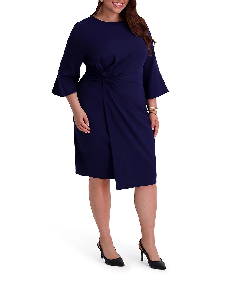 Kensie Plus Stretch Boat Neck Mid Length Bell Sleeve Twist Waist Faux Wrap Skirt Sheath Dress