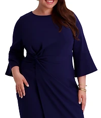 Kensie Plus Stretch Boat Neck Mid Length Bell Sleeve Twist Waist Faux Wrap Skirt Sheath Dress