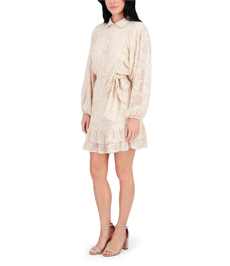 Kensie Point Collar Long Bishop Sleeves Ruffle Hem Embroidered Woven Shirt Dress
