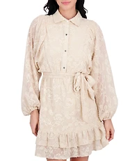 Kensie Point Collar Long Bishop Sleeves Ruffle Hem Embroidered Woven Shirt Dress