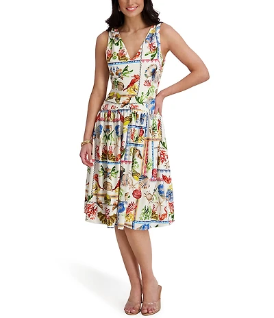 Kensie Postcard Print V-Neck Sleeveless Midi Dress
