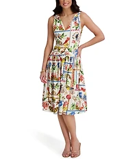 Kensie Postcard Print V-Neck Sleeveless Midi Dress