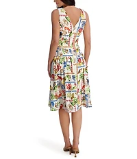 Kensie Postcard Print V-Neck Sleeveless Midi Dress