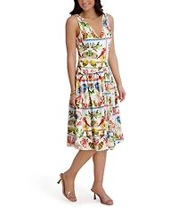 Kensie Postcard Print V-Neck Sleeveless Midi Dress