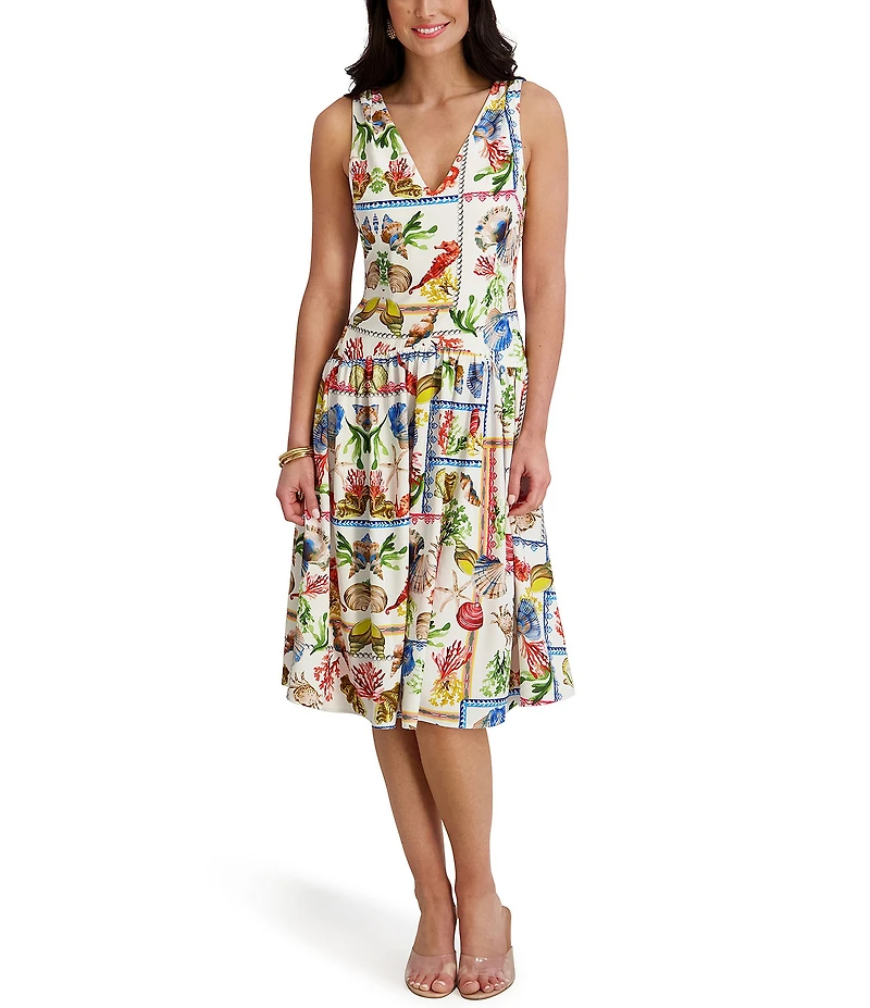 Kensie Postcard Print V-Neck Sleeveless Midi Dress