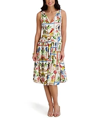 Kensie Postcard Print V-Neck Sleeveless Midi Dress