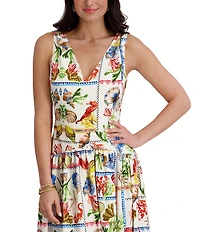 Kensie Postcard Print V-Neck Sleeveless Midi Dress