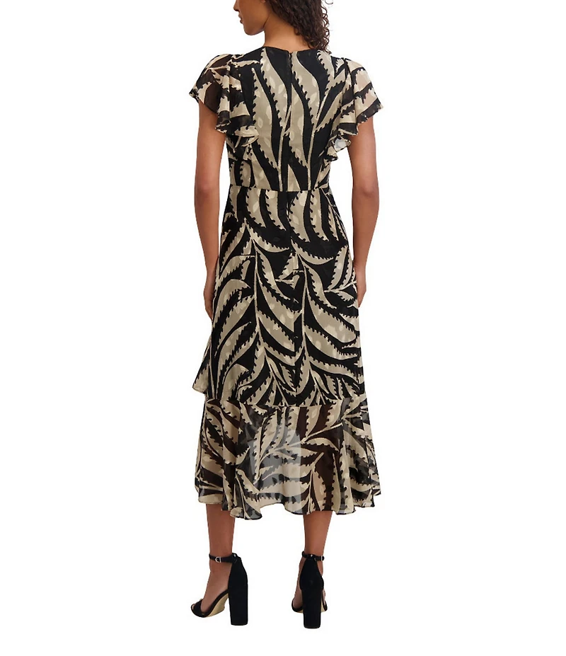 Kensie Printed Burnout Chiffon V-Neck Short Flutter Sleeves Ruffle A-Line Midi Dress