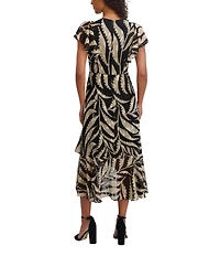 Kensie Printed Burnout Chiffon V-Neck Short Flutter Sleeves Ruffle A-Line Midi Dress