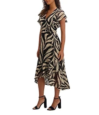 Kensie Printed Burnout Chiffon V-Neck Short Flutter Sleeves Ruffle A-Line Midi Dress