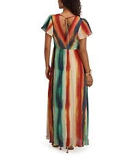 Kensie Printed Chiffon V-Neck Short Flutter Sleeves Pleated Sheath Dress