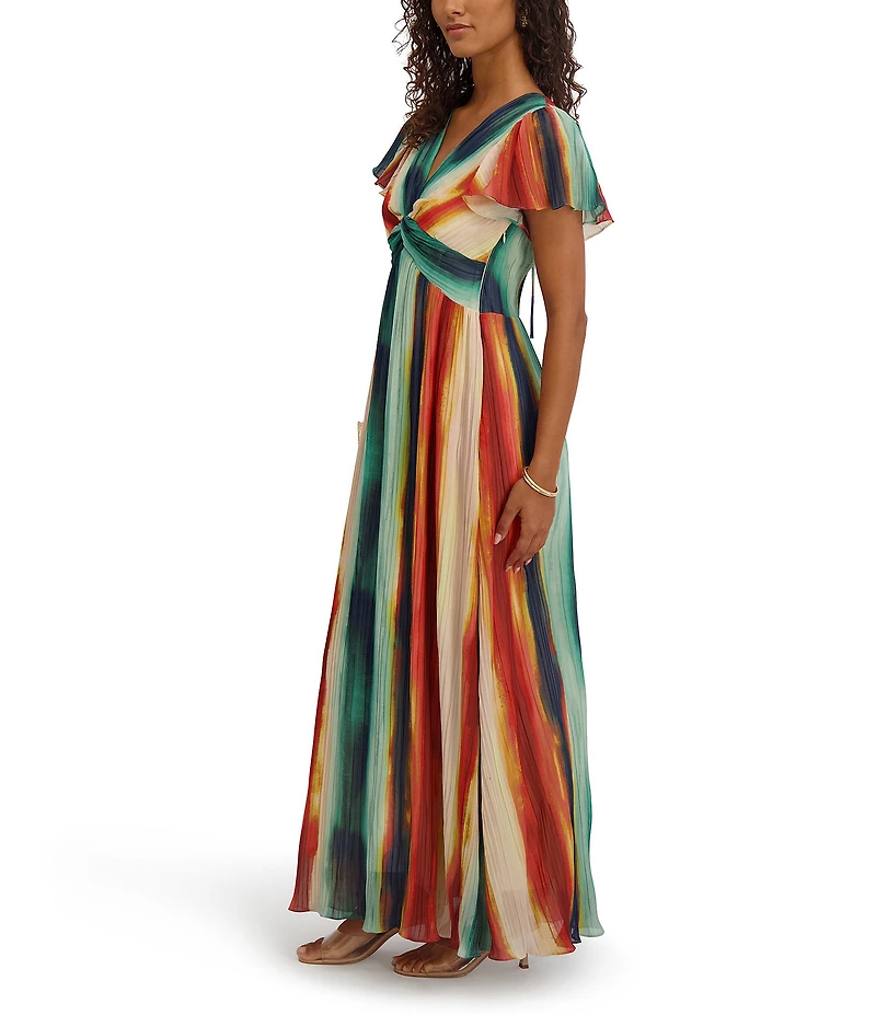 Kensie Printed Chiffon V-Neck Short Flutter Sleeves Pleated Sheath Dress