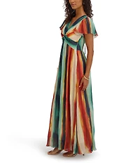 Kensie Printed Chiffon V-Neck Short Flutter Sleeves Pleated Sheath Dress