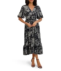 Kensie Printed Satin Short Puff Sleeve Floral Tier Midi Dress