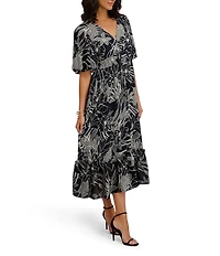 Kensie Printed Satin Short Puff Sleeve Floral Tier Midi Dress