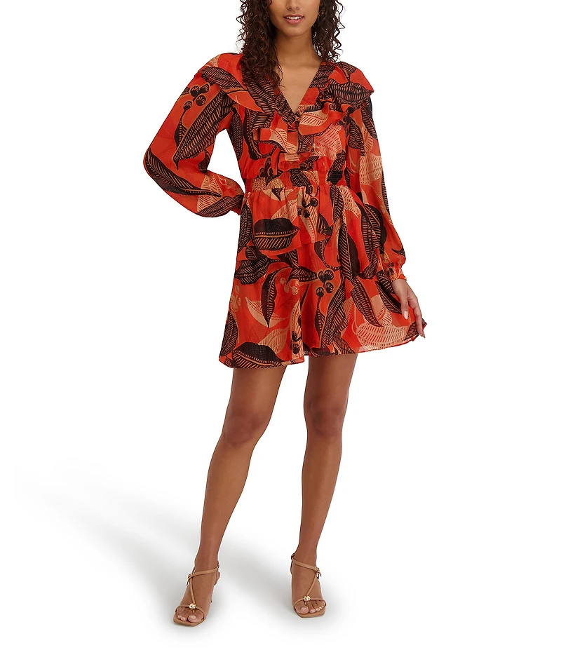 Kensie Printed Shimmer Lurex Plunge V-Neck Bishop Sleeves Ruffle A-Line Dress