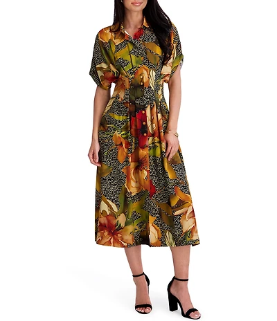 Kensie Printed Short Sleeve Shirt Midi Dress