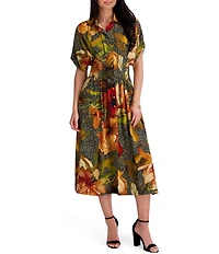 Kensie Printed Short Sleeve Shirt Midi Dress