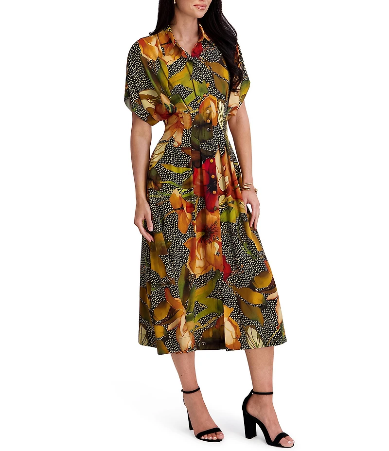 Kensie Printed Short Sleeve Shirt Midi Dress