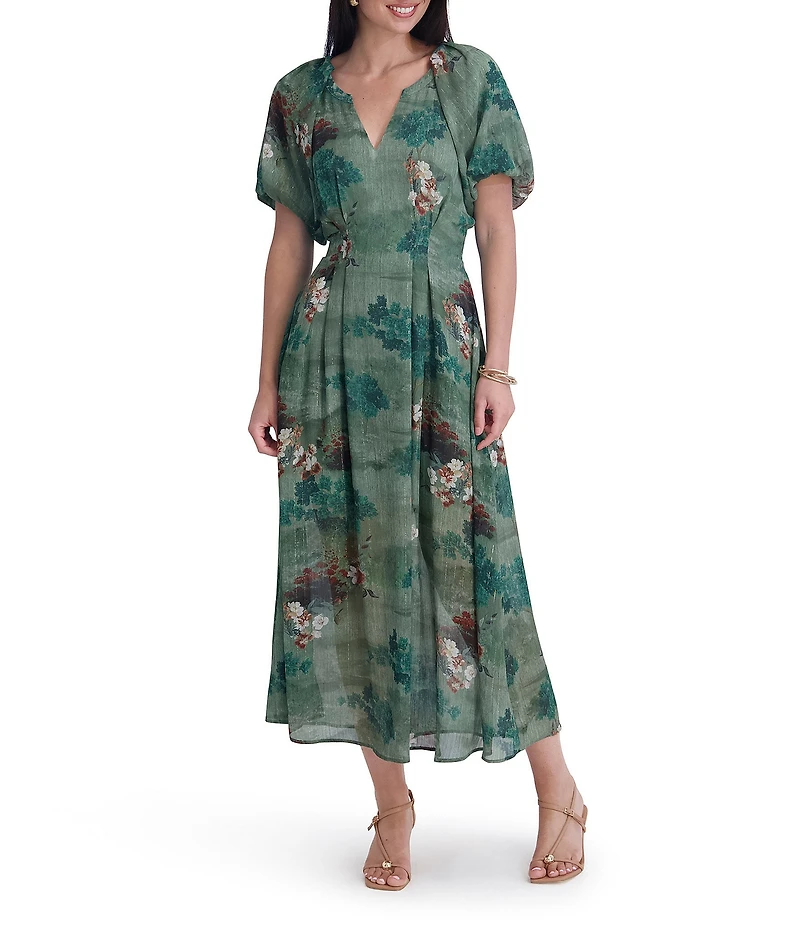 Kensie Puff Sleeve Printed Lurex Chiffon Maxi Dress