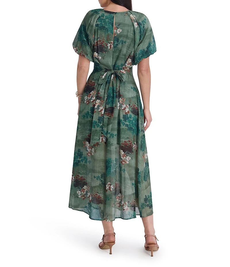 Kensie Puff Sleeve Printed Lurex Chiffon Maxi Dress