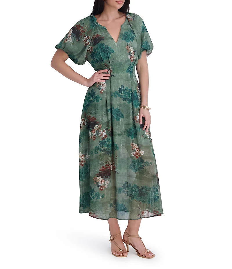 Kensie Puff Sleeve Printed Lurex Chiffon Maxi Dress