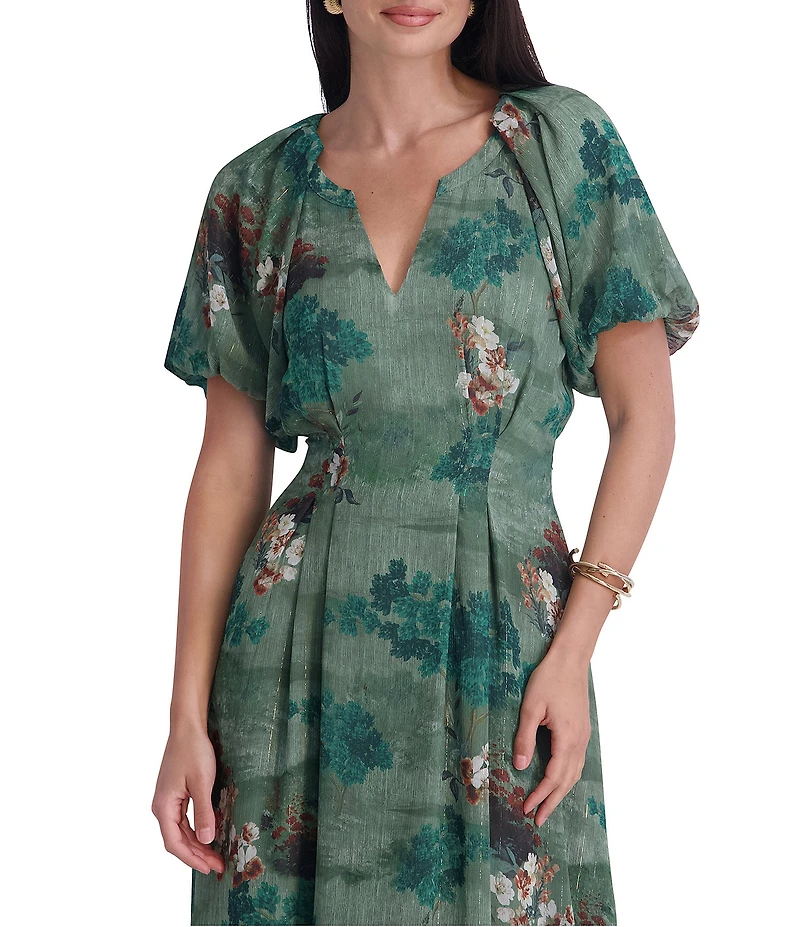 Kensie Puff Sleeve Printed Lurex Chiffon Maxi Dress