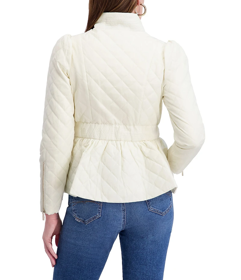 Kensie Quilted Funnel Neck Long Sleeves Belted Ruffle Hem Peplum Trench Coat