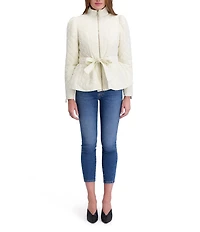 Kensie Quilted Funnel Neck Long Sleeves Belted Ruffle Hem Peplum Trench Coat