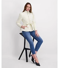 Kensie Quilted Funnel Neck Long Sleeves Belted Ruffle Hem Peplum Trench Coat