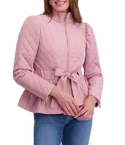 Kensie Quilted Funnel Neck Long Sleeves Belted Ruffle Hem Peplum Trench Coat