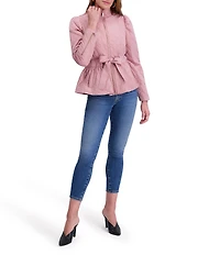 Kensie Quilted Funnel Neck Long Sleeves Belted Ruffle Hem Peplum Trench Coat