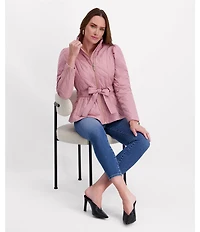 Kensie Quilted Funnel Neck Long Sleeves Belted Ruffle Hem Peplum Trench Coat