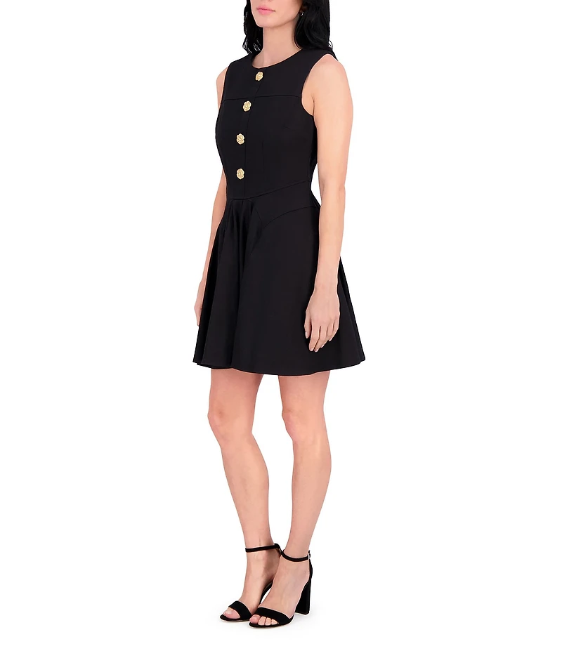 Kensie Round Neck Sleeveless Floral Hardware Stretch Denim A-Line Mini Dress