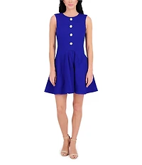 Kensie Round Neck Sleeveless Floral Hardware Stretch Denim A-Line Mini Dress