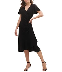 Kensie Ruched Waist Faux Wrap Surplice V-Neck Short Flutter Sleeve Midi Dress