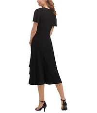 Kensie Ruched Waist Faux Wrap Surplice V-Neck Short Flutter Sleeve Midi Dress