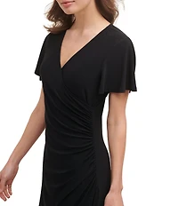 Kensie Ruched Waist Faux Wrap Surplice V-Neck Short Flutter Sleeve Midi Dress