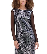 Kensie Sequin Mesh Boat Neck Long Illusion Sleeve Sheath Dress