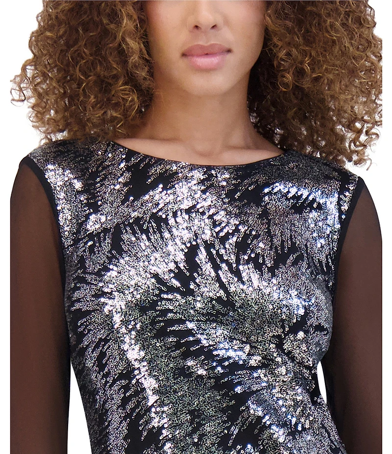 Kensie Sequin Mesh Boat Neck Long Illusion Sleeve Sheath Dress
