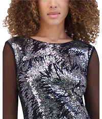 Kensie Sequin Mesh Boat Neck Long Illusion Sleeve Sheath Dress