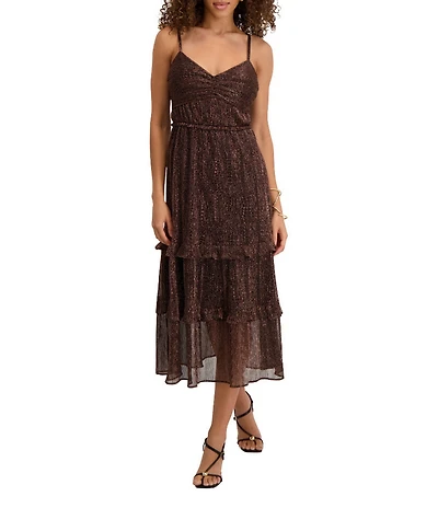 Kensie Shimmer Knit Sweetheart Neck Spaghetti Strap Ruffle Tier Midi Dress