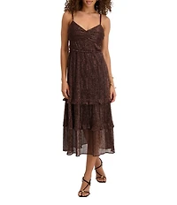 Kensie Shimmer Knit Sweetheart Neck Spaghetti Strap Ruffle Tier Midi Dress