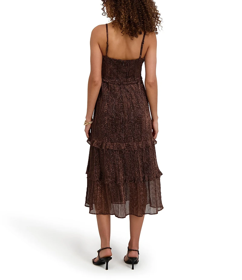 Kensie Shimmer Knit Sweetheart Neck Spaghetti Strap Ruffle Tier Midi Dress