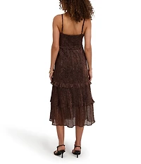 Kensie Shimmer Knit Sweetheart Neck Spaghetti Strap Ruffle Tier Midi Dress