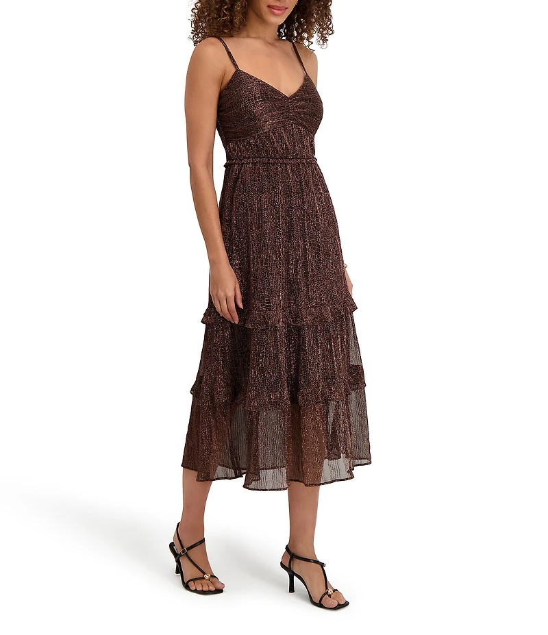 Kensie Shimmer Knit Sweetheart Neck Spaghetti Strap Ruffle Tier Midi Dress