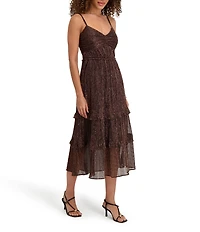 Kensie Shimmer Knit Sweetheart Neck Spaghetti Strap Ruffle Tier Midi Dress