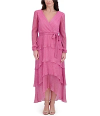 Kensie Shimmer Knit V-Neck Long Sleeve Tie Waist Ruffle Skirt A-Line Maxi Dress