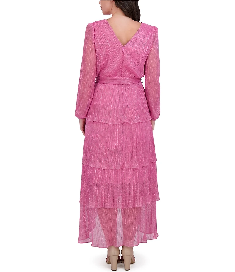 Kensie Shimmer Knit V-Neck Long Sleeve Tie Waist Ruffle Skirt A-Line Maxi Dress