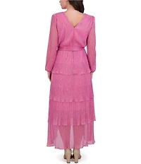 Kensie Shimmer Knit V-Neck Long Sleeve Tie Waist Ruffle Skirt A-Line Maxi Dress